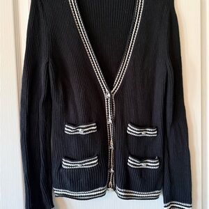 Classic Black Knit Cardigan with Contrast Trim